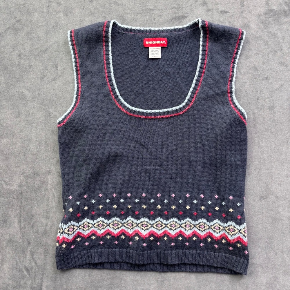 Unionbay Vintage Fair Isle Knit Sweater Vest Navy Blue Scoop Neck XL Winter